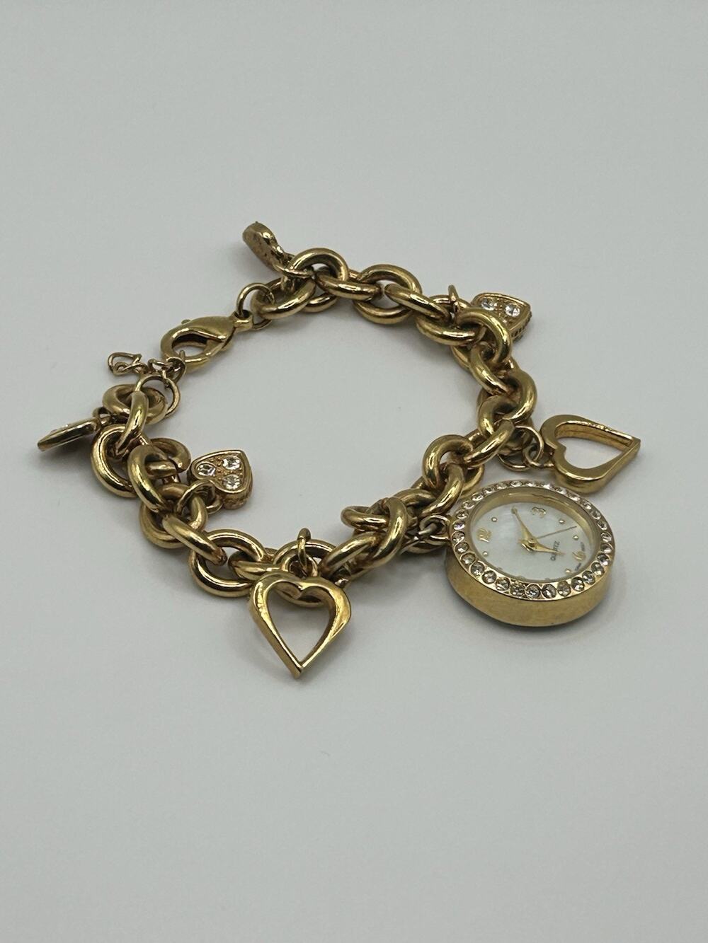Vintage Gold Tone Charm Bracelet w/ Quartz Watch Charm Heart Dangles